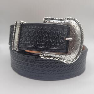 Justin Belt 46 Black Leather Bronco Western Basketweave Silver Buckle USA Cowboy